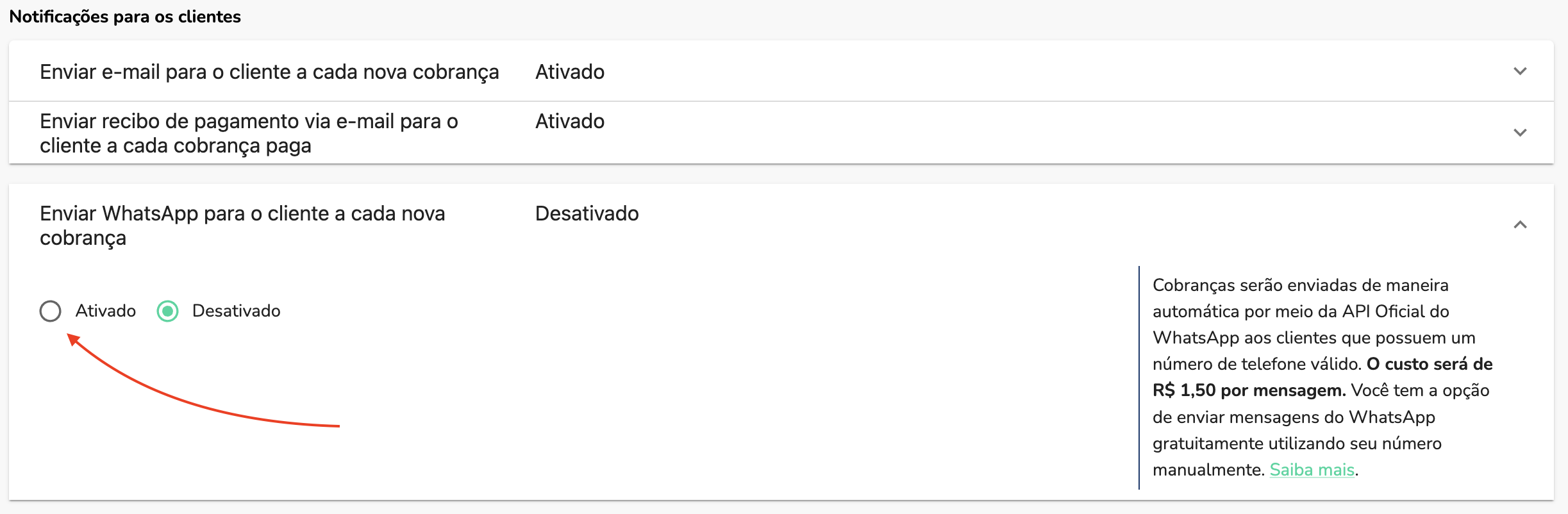 Configuração de notificação de nova cobrança